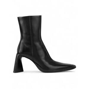 Black leather ankle boots sculptural triangle curved heel square toe zip boot